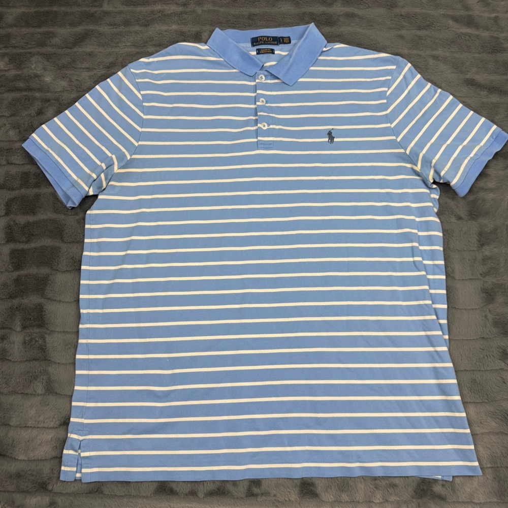 Polo Ralph Lauren Mens Large Blue White Striped Classic Fit Stretch Mesh Polo